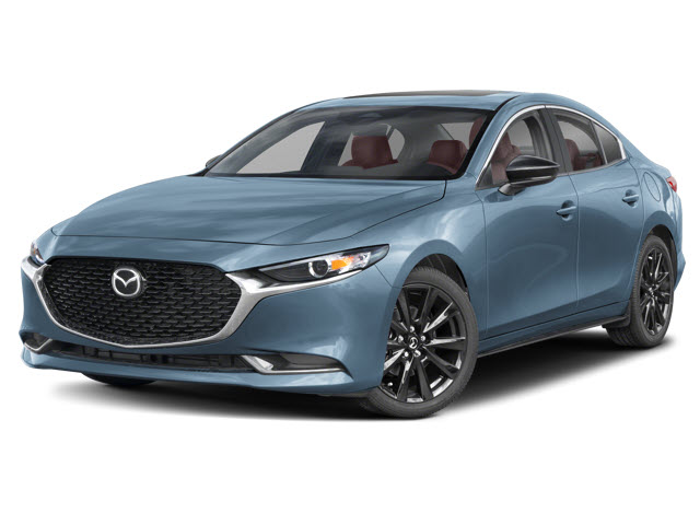 A blue 2026 Mazda3 sedan with a stylish grille and black wheels, parked at an angle.